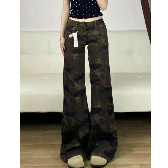 高腰显瘦百搭夏季迷彩牛仔不贴腿微喇裤休闲美式高街女裤b1270