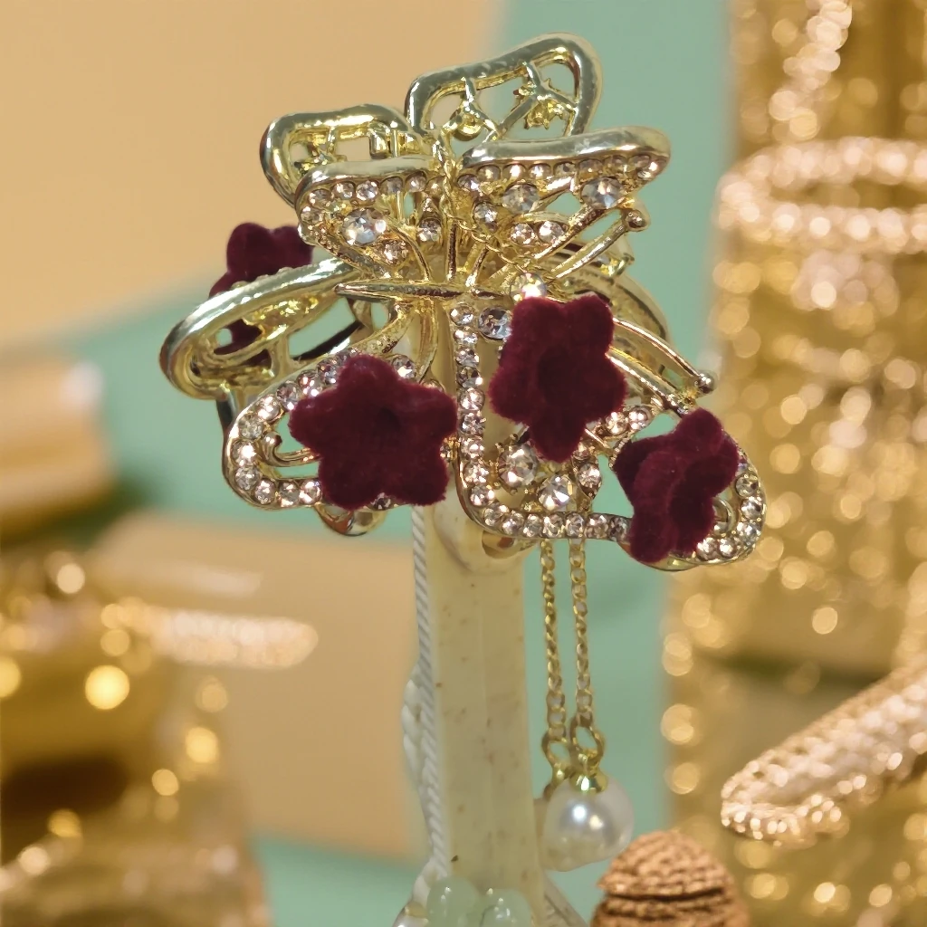 古风红玫瑰流苏抓夹发夹夹子女高级感后脑勺半扎发时尚发饰发卡