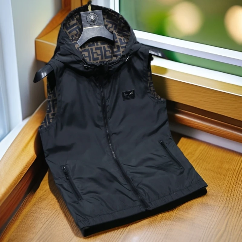 娜罗普西双面穿连帽马甲男士潮牌秋装薄款字母印花修身马夹外套