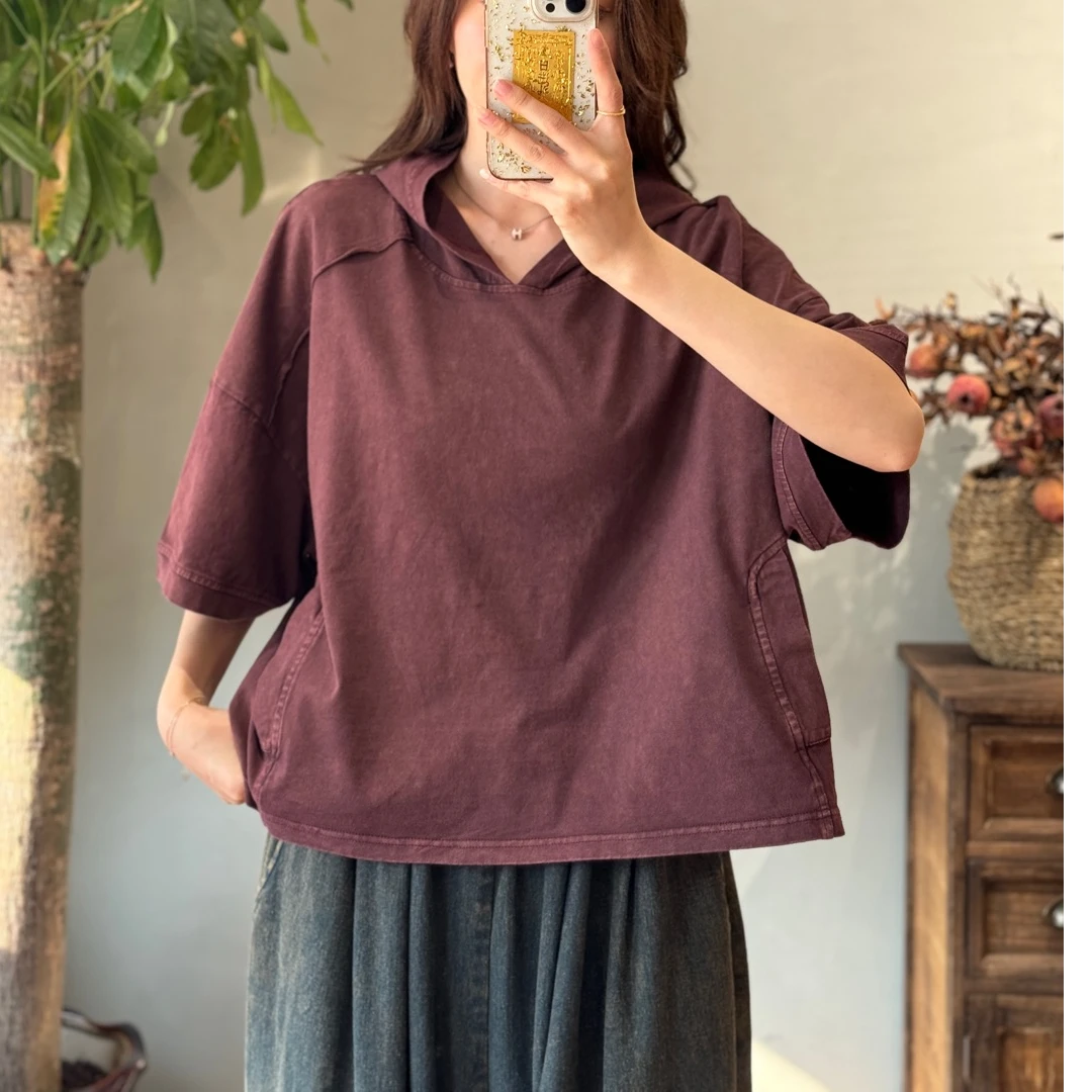 【云吖】夏季复古宽松休闲大版简约纯色炒色连帽套头上衣棉T