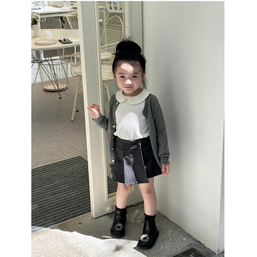 壹妈韩版童装女童秋季套装洋气儿童小女孩娃娃领上衣针织开衫半裙