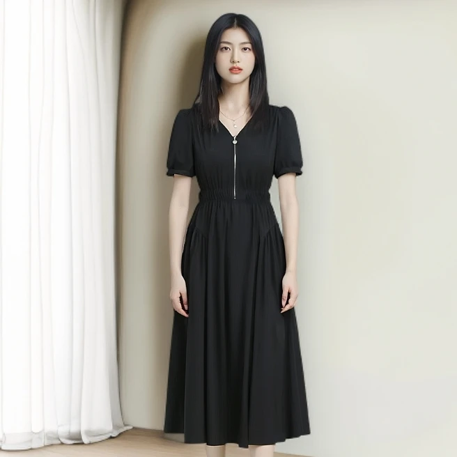 V领夏季长裙黑色气质连衣裙显瘦收腰中长款小黑裙女遮肚小众设计