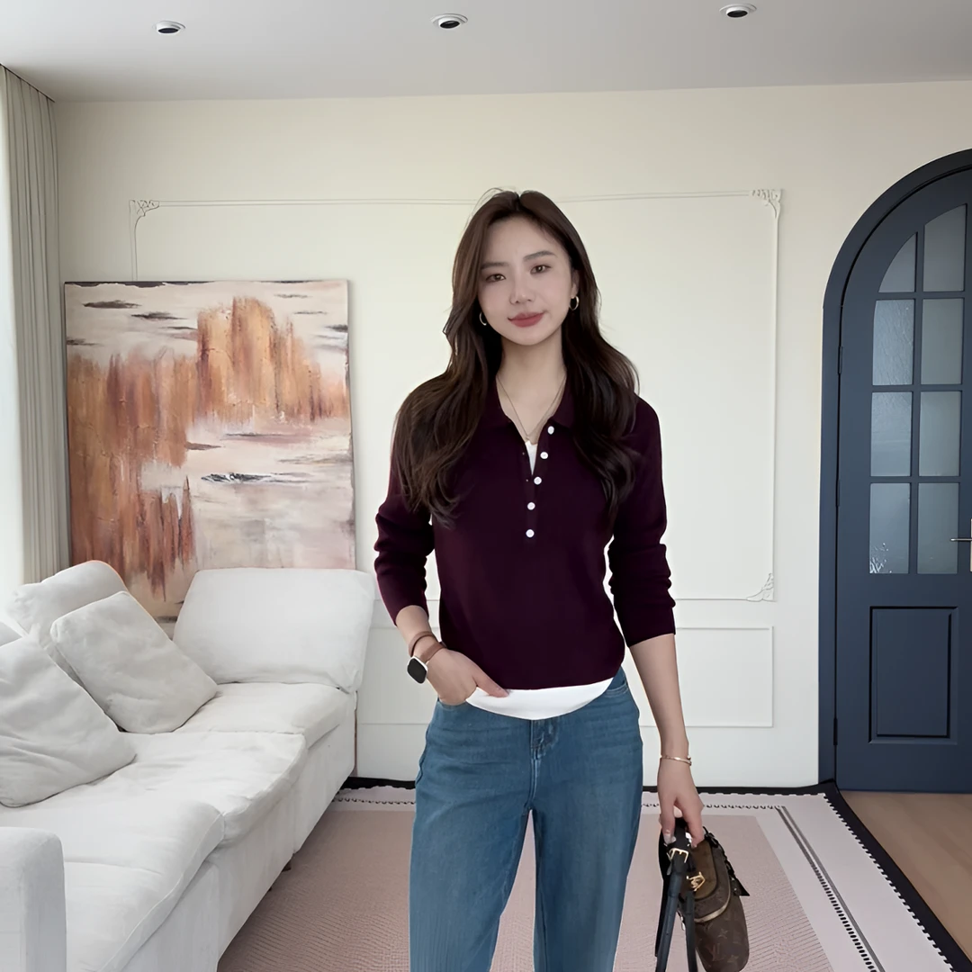 【余欢欢】早秋时尚韩系百搭翻领拼接假两件长袖针织-YHW50614