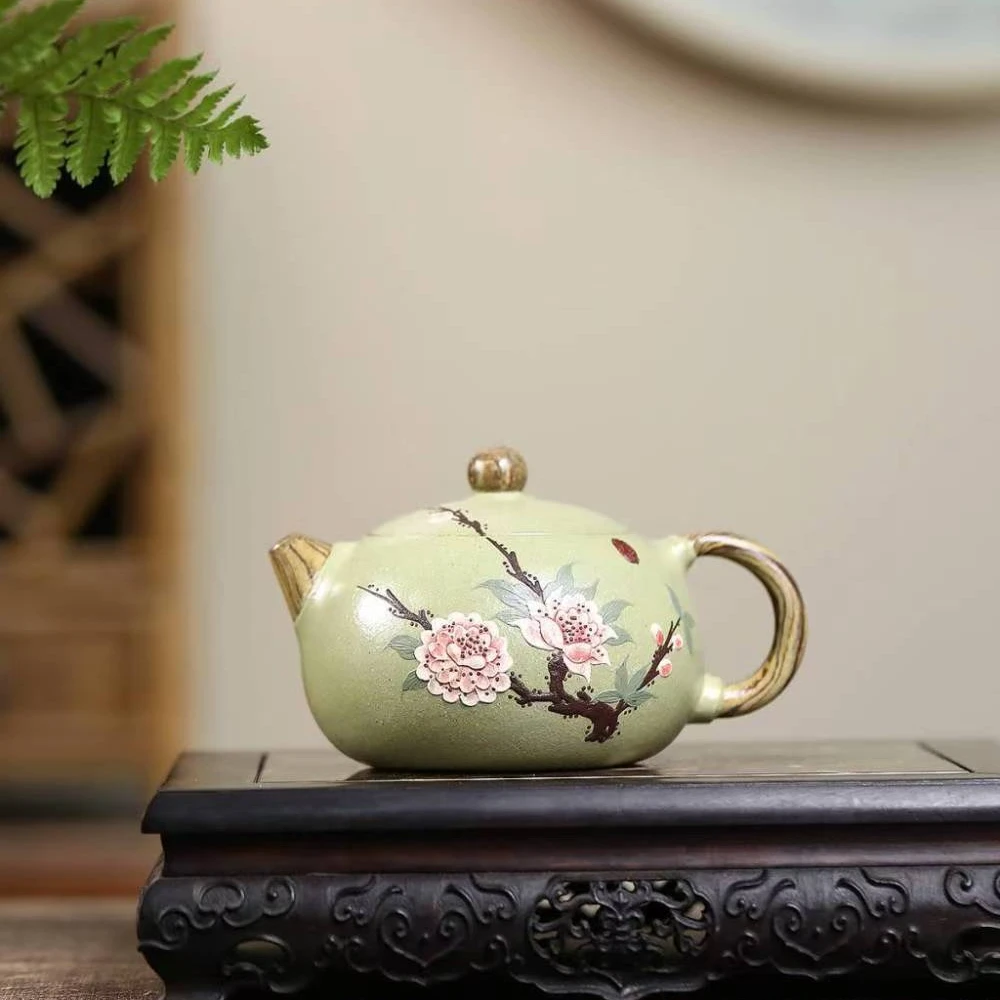 HB宜兴正宗紫砂壶原矿豆青砂卡口双色桃花西施壶家用高档泡茶壶