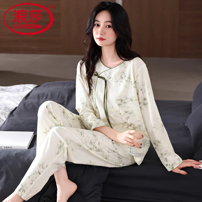 浪莎新中式睡衣女士春秋款纯棉2025新款长袖全棉中国风妈妈家居服