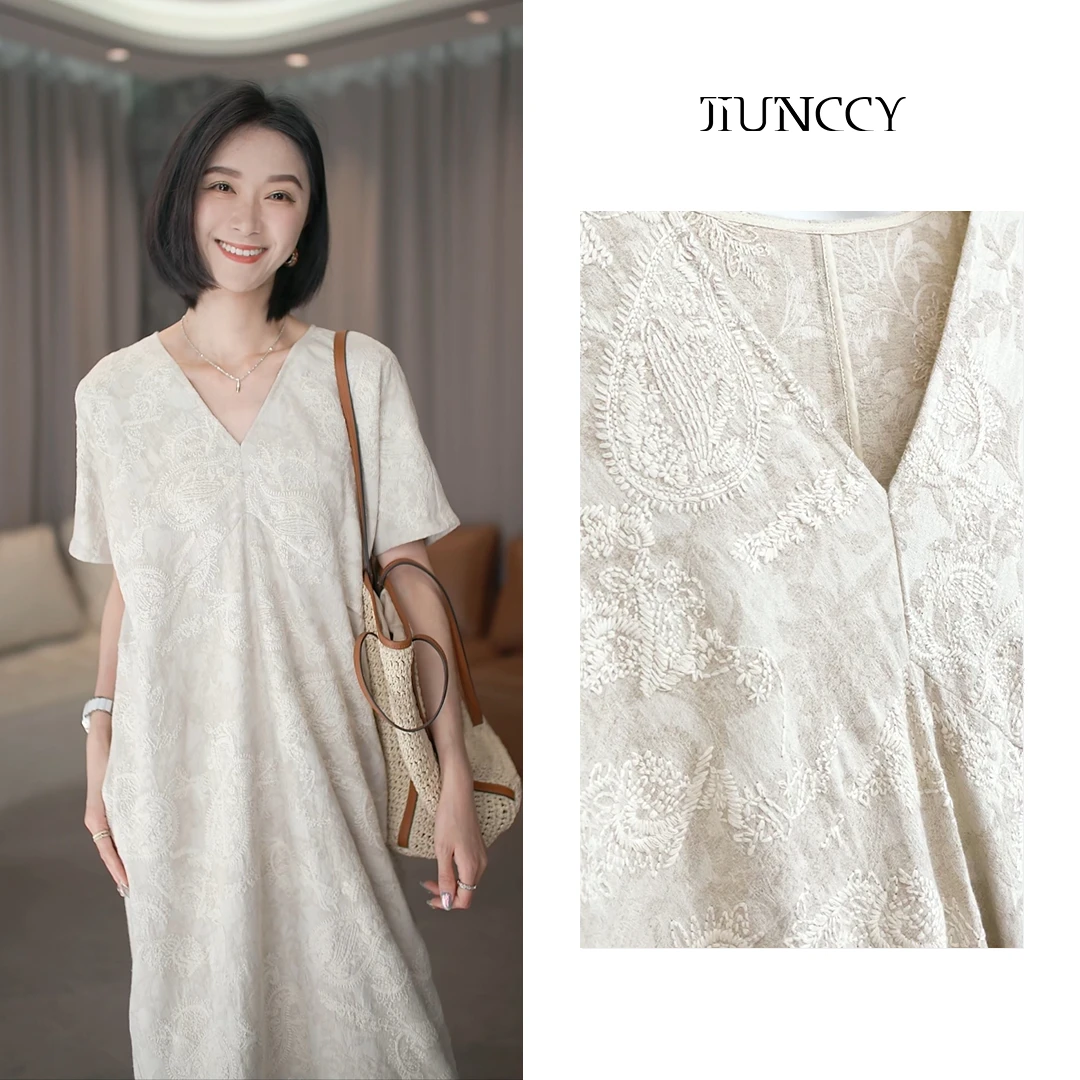 JIUNCCY【知画】重工刺绣双色暗纹提花慵懒风短袖连衣裙 24LYQ029