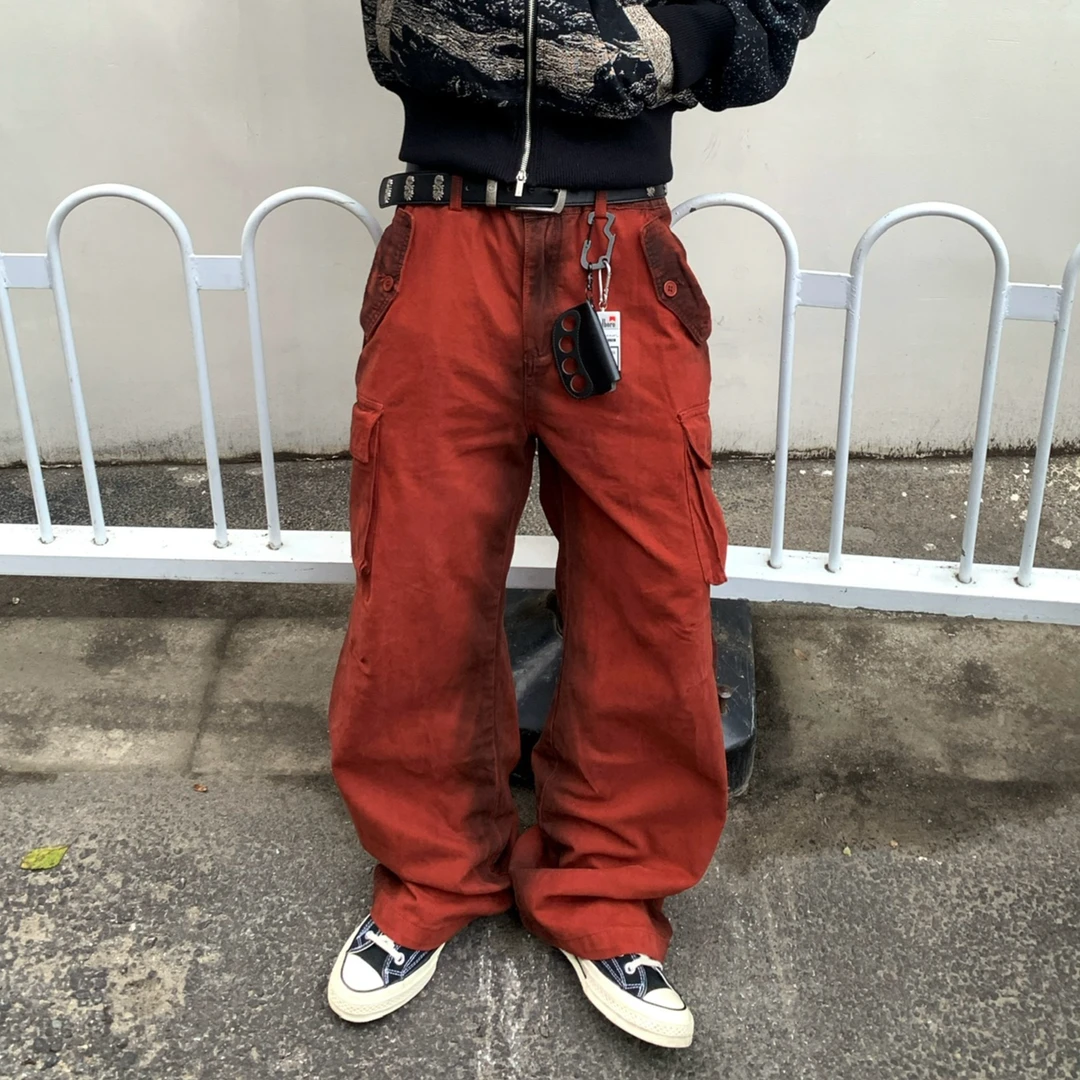 Vcatecx砖红色多口袋工装裤cargo喷脏做旧直筒A字休闲裤长裤男女