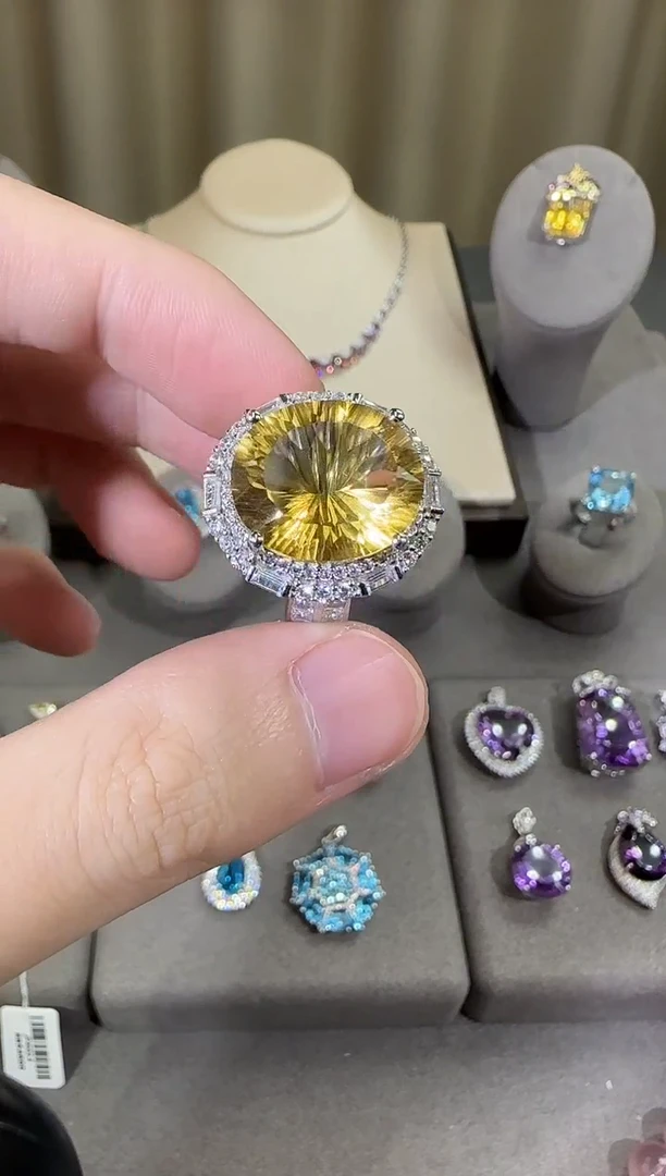 银S925镶嵌戒指黄晶16*14mm戒指高级款