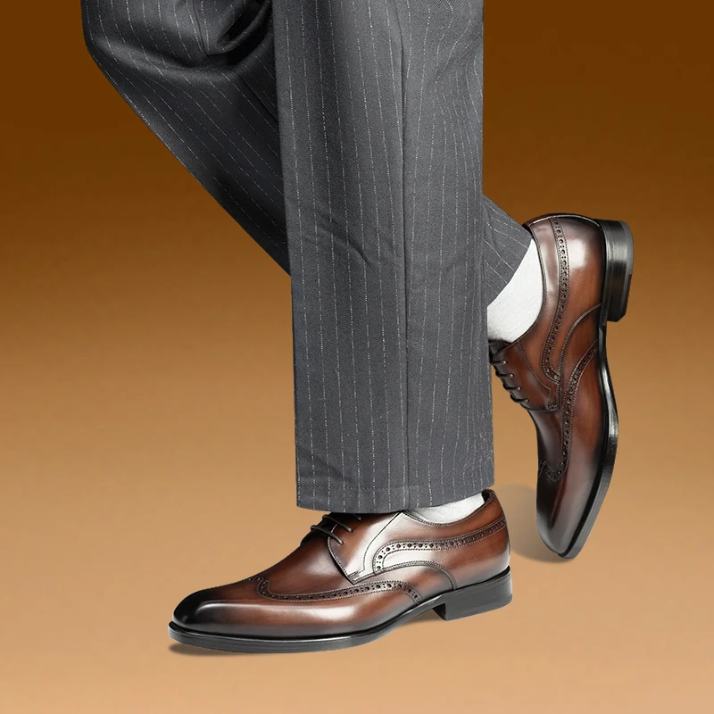 LUOMATIKE新品手工皮鞋男士商务正装德比鞋英伦棕色小方头皮底