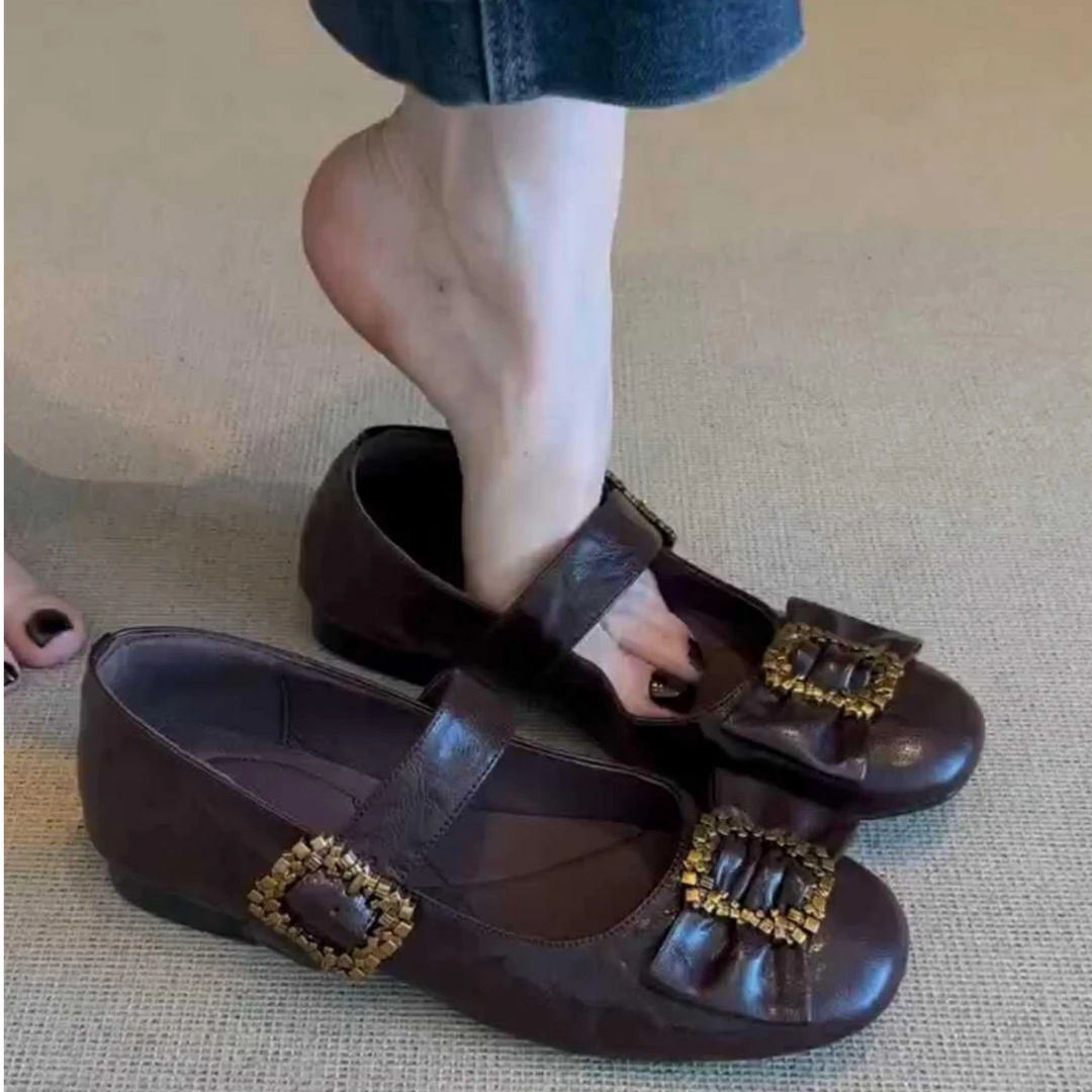 羊皮版~棕色法式平底单鞋女通勤芭蕾鞋温柔晚晚鞋一字扣玛丽珍鞋