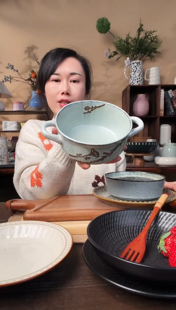 6英寸复古窑变浅绿叶子双耳碗微瑕