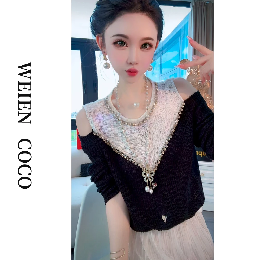 【薇恩COCO】重工镶钻毛衣时尚修身长袖针织露肩新款S5543