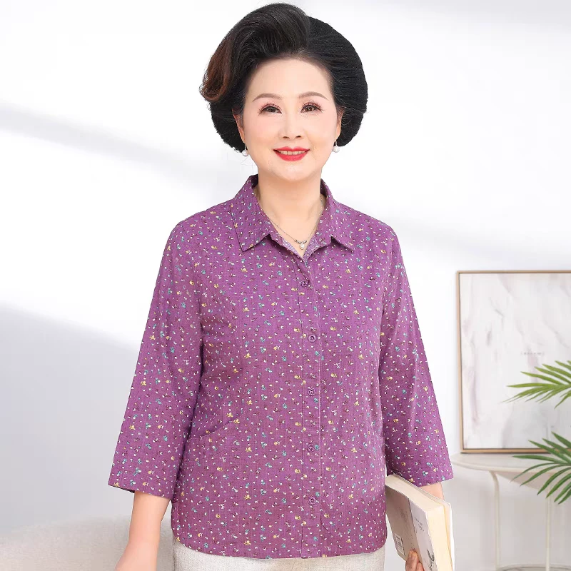 280中老年女装纯棉衬衫七分袖宽松大码妈妈装开衫全棉奶奶衬衣秋