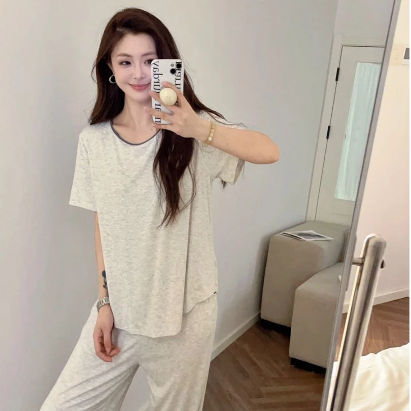 夏季薄款睡衣女短袖长裤纯色2025新款慵懒风舒适家居服套装