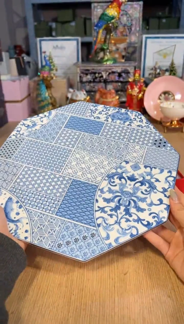 【闪购商品】杯203金缀青绣12寸八方平盘