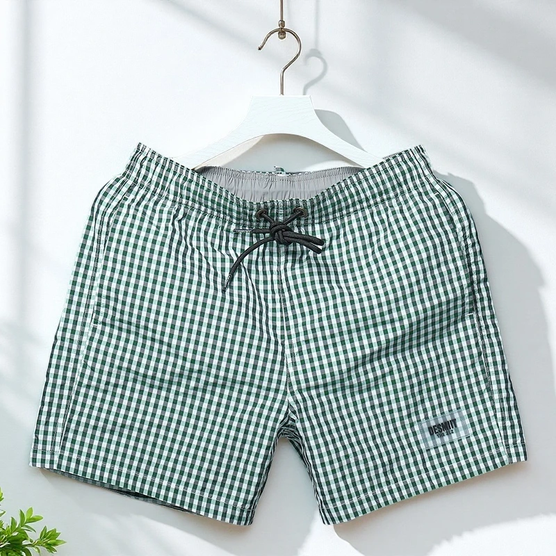 男士冰丝速干沙滩裤低腰高级感格子短裤运动休闲带内衬三分裤薄款