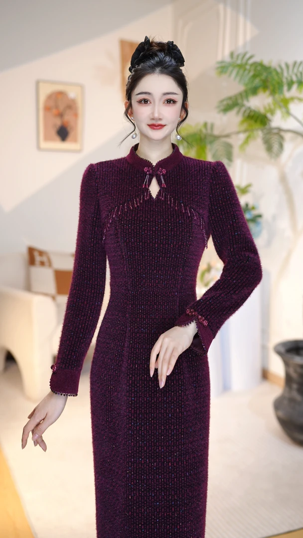 【5Q216】改良旗袍复古加绒修身显瘦时尚长袖秋新款端庄减龄连衣裙