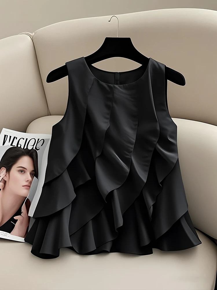 2025夏日新款温柔风荷叶边设计感不规则背心上衣法式无袖衬衣女款