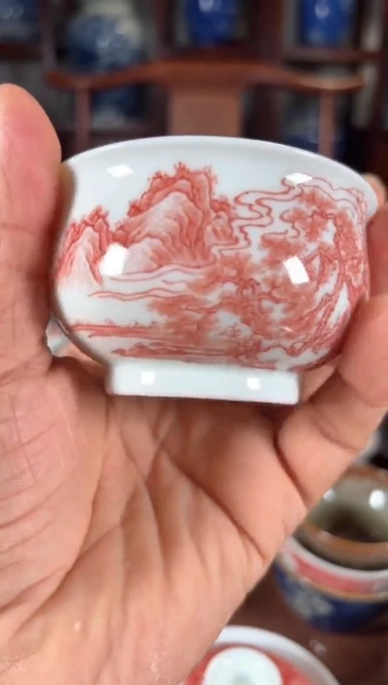 柴窑釉里红山水炉式杯杯
