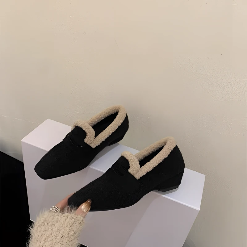 网红秋冬季新款一脚蹬单鞋毛毛鞋方头2025时尚一脚蹬加绒豆豆棉鞋