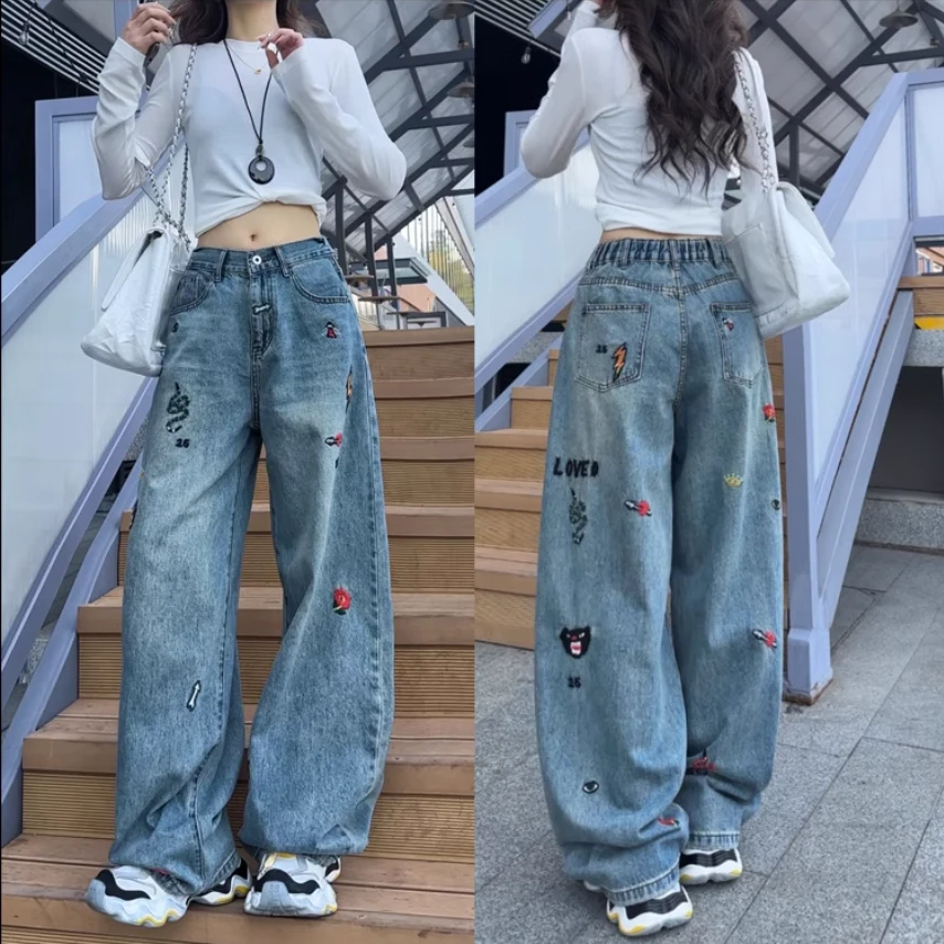 蓝色刺绣女士春季新款小个子直筒裤胖mm大码宽松弯刀阔腿裤