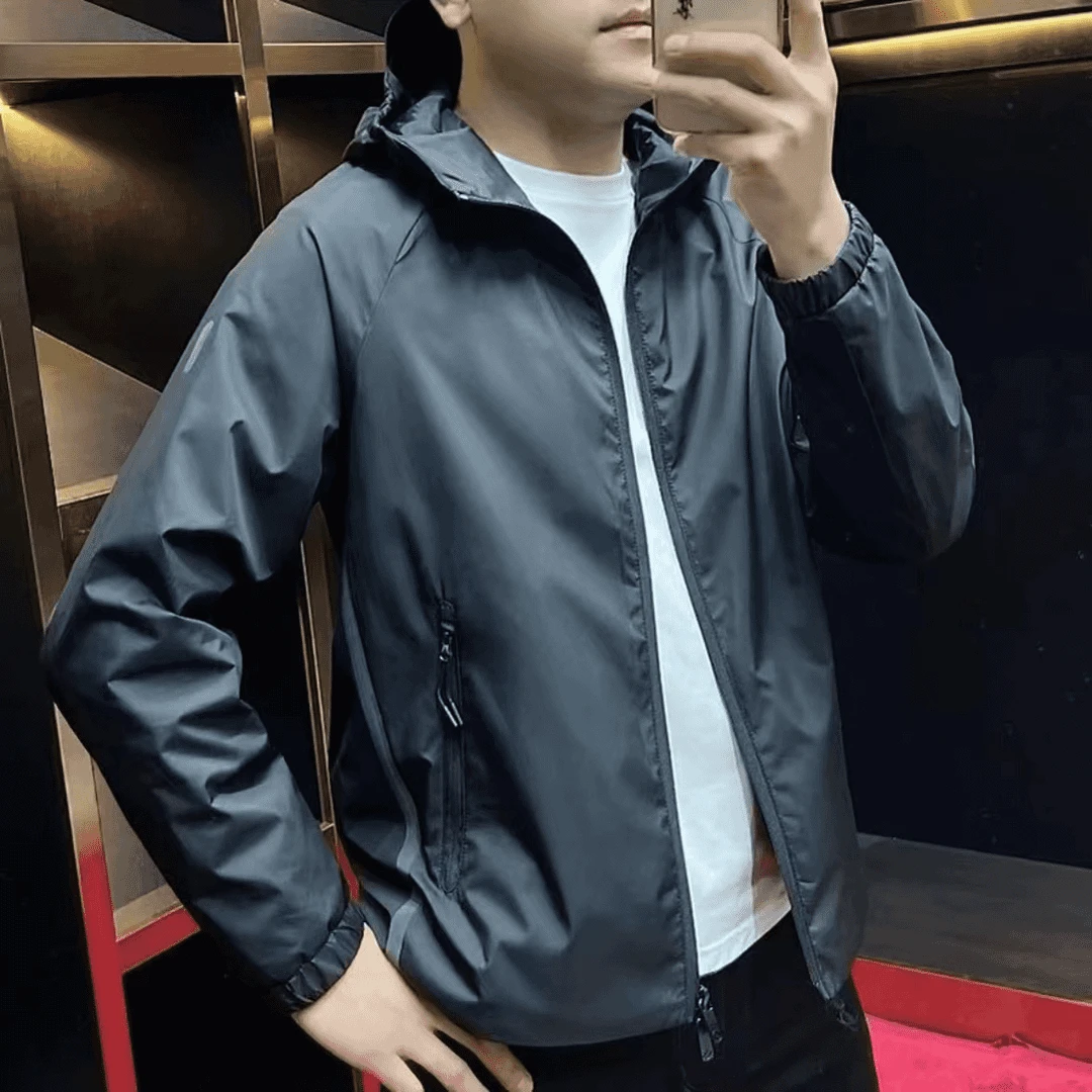 春夏季新款连帽拼接夹克外套薄款大码宽松男士百搭时尚纯色长袖男