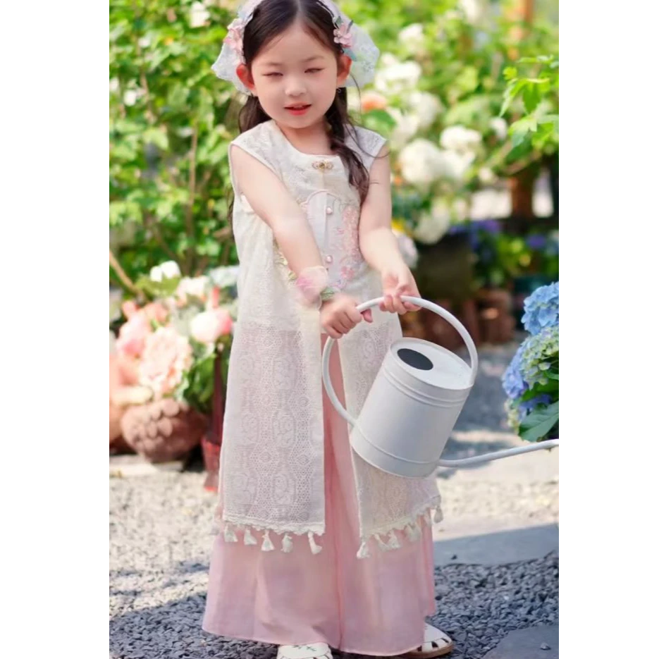 女童新中式汉服套装儿童超仙古风大家闺秀中国风唐装蕾丝三件套潮