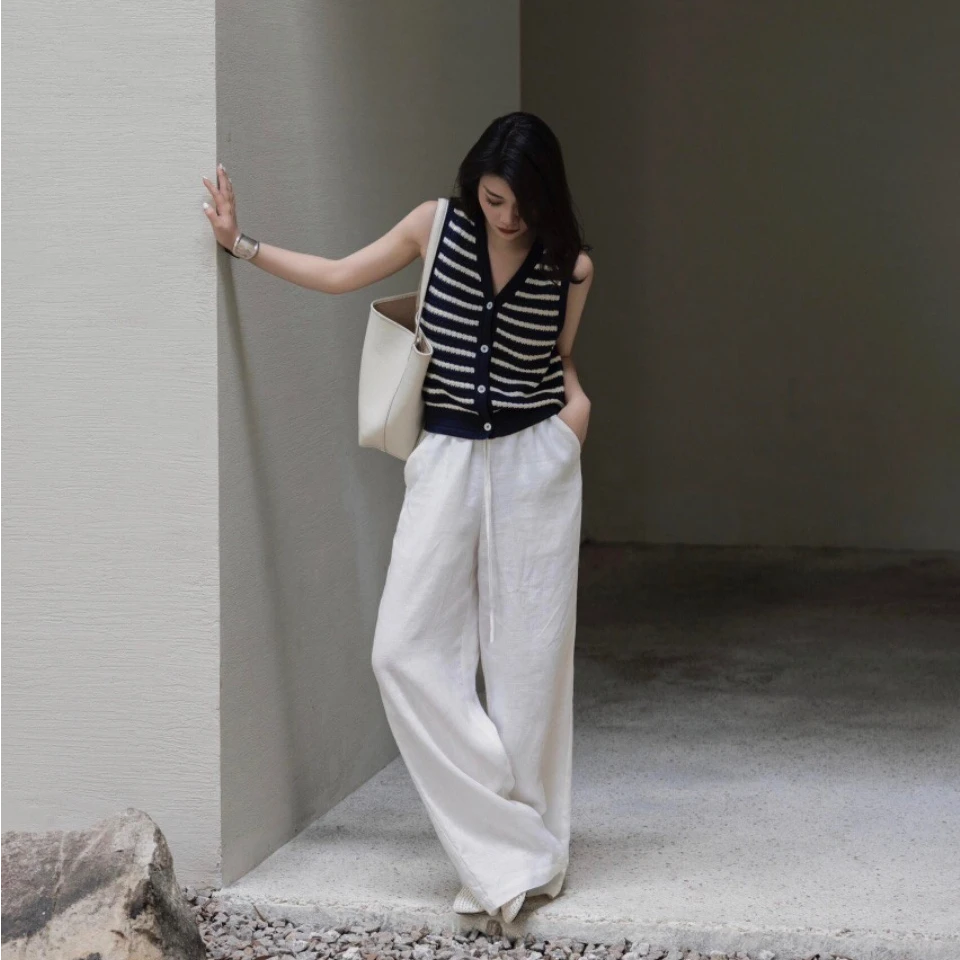 夏季新款显瘦网红时尚百搭V领无袖夏季宽松休闲条纹毛针织衫短款