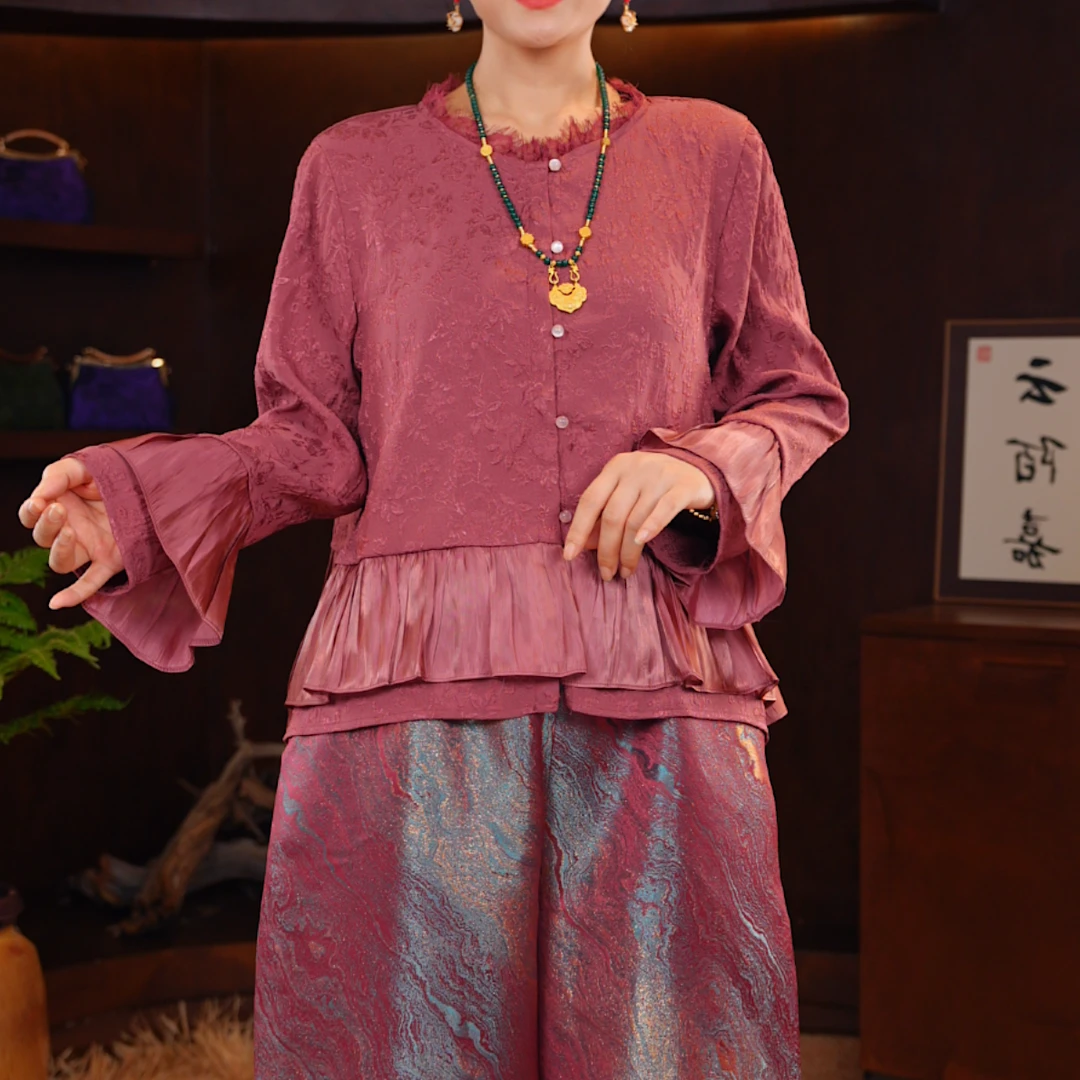 【云陌嘉】S1927春夏新款彩色提花木耳边下摆袖口打底上衣