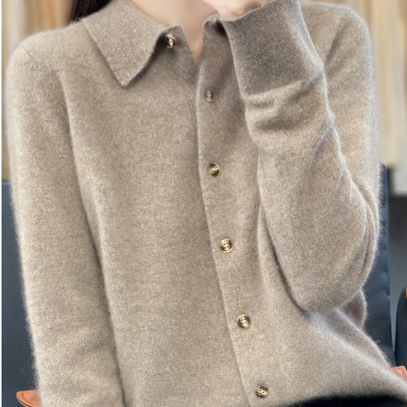 100纯羊毛POLO翻领开衫女上衣D020清