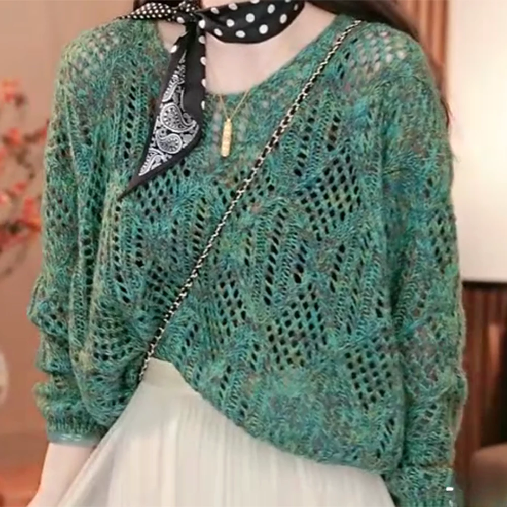 2025春季新款韩系温柔减龄V领镂空时尚百搭显瘦针织上衣洋气长袖