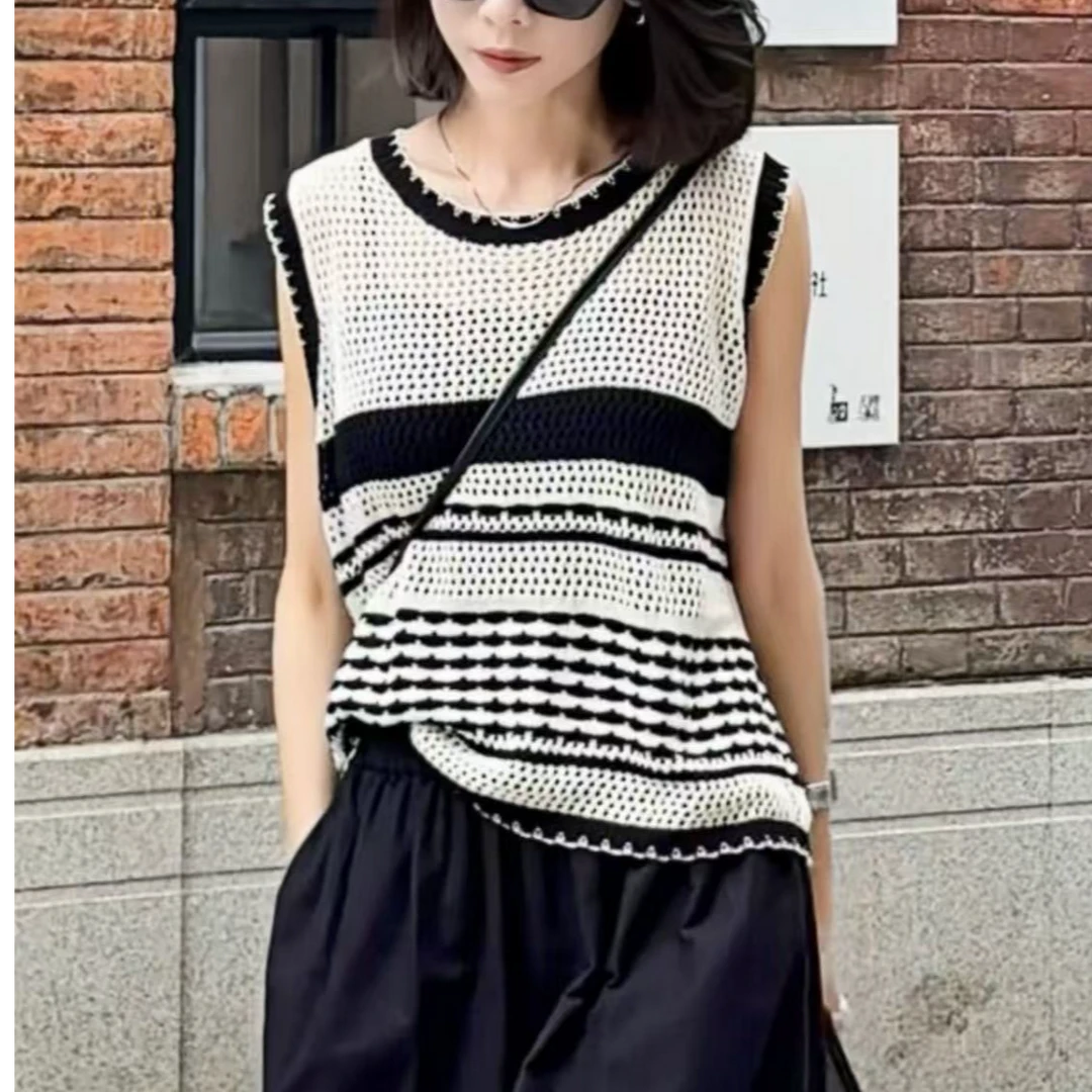 时尚针织衫无袖T恤女春夏新款镂空背心设计感马甲坎肩气质短上衣