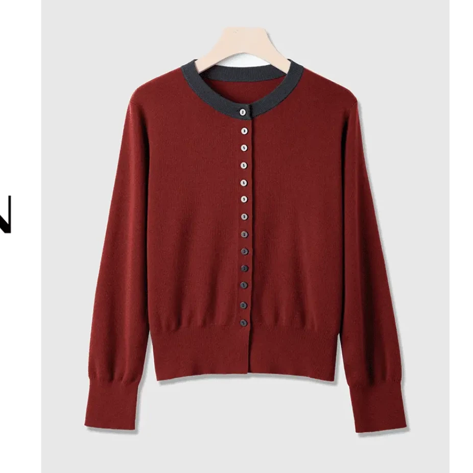 8】圆领长袖春秋季排扣撞色针织开衫女士毛衣