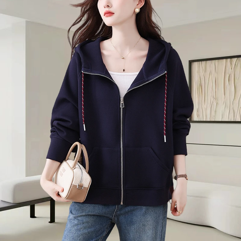 2025秋冬新款时尚休闲连帽卫衣女装宽松显瘦百搭抽绳拼色外套上衣