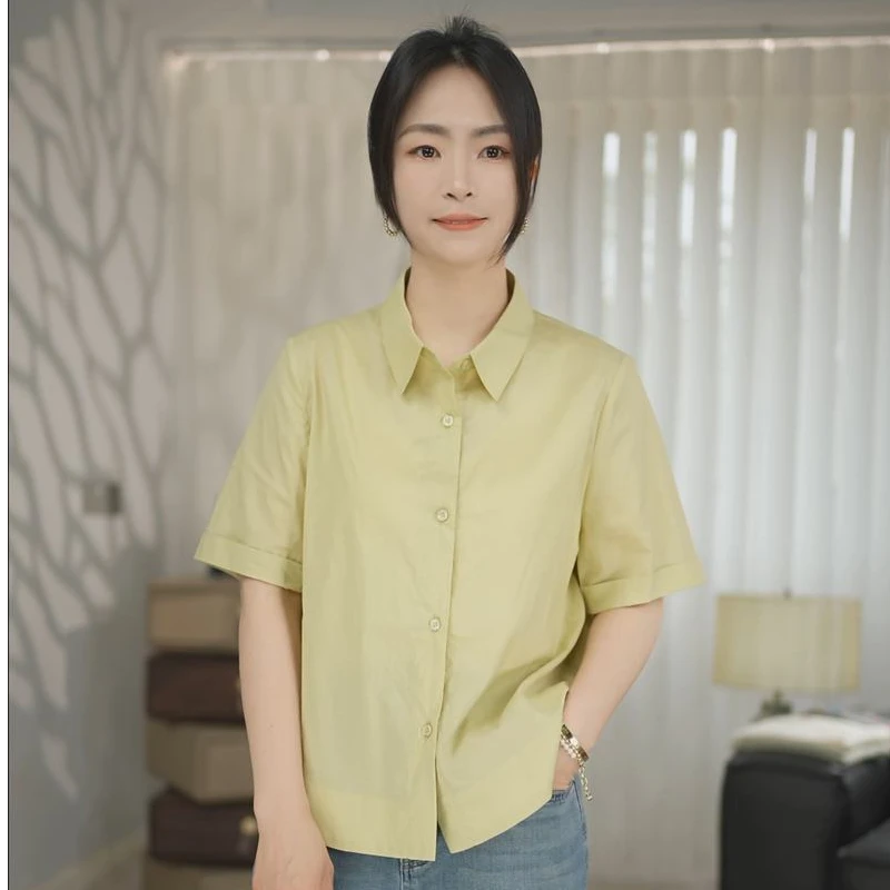 棉质短袖衬衫夏季薄款小个子定制纯色简约衬衣女69102070