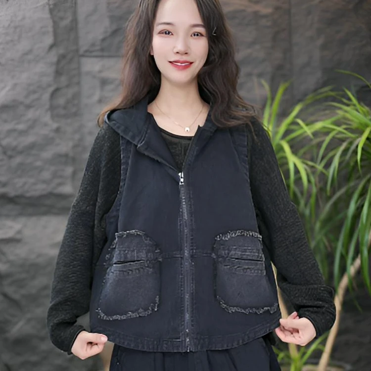 JJ休闲风时尚套装加厚大码休闲百搭秋季复古背心秋冬连帽韩版牛仔