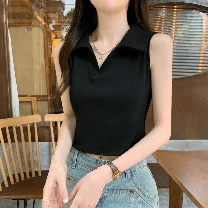 美式小吊带背心女夏季通勤显瘦小个子内搭无袖polo领高腰短款上衣