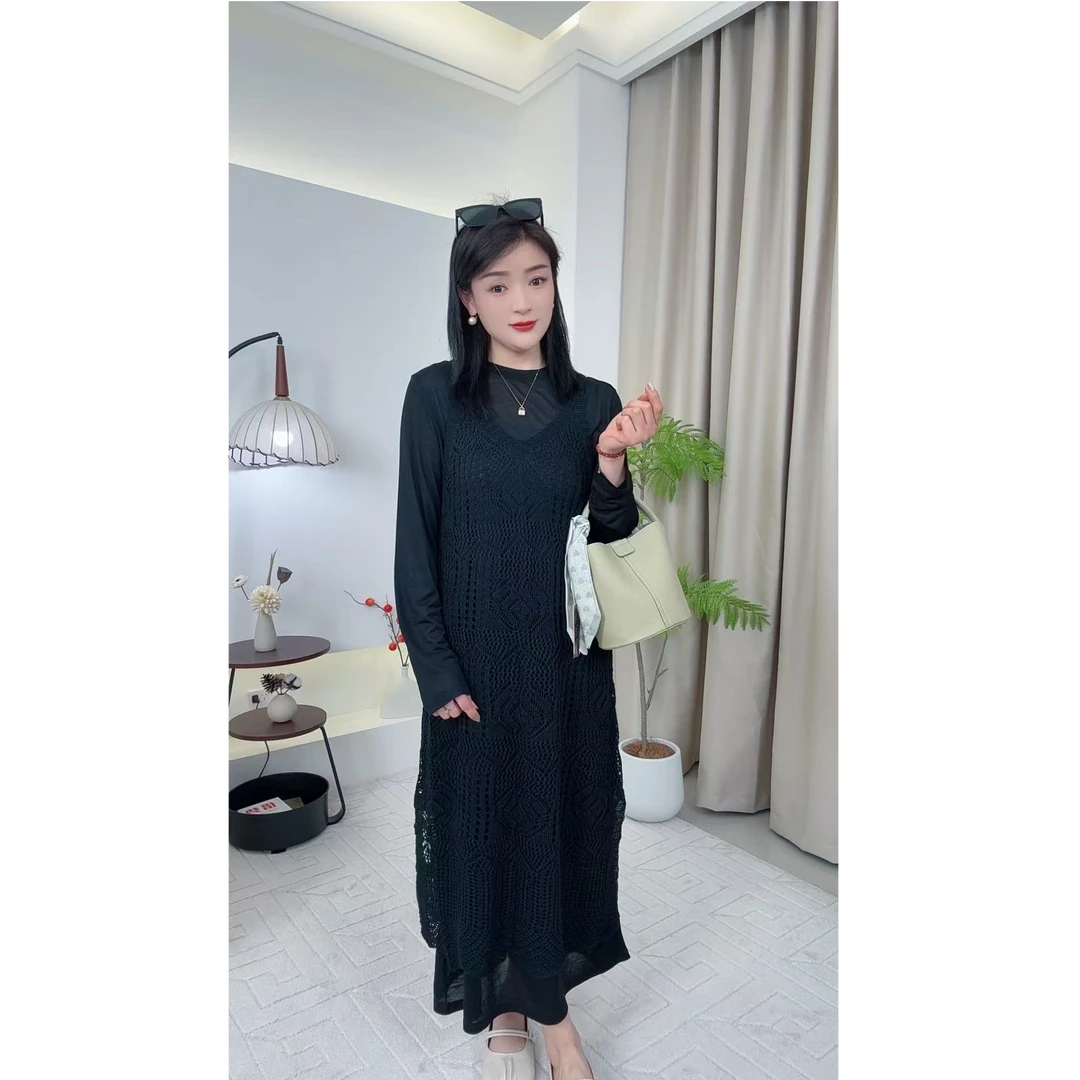 7006 丽丽--早秋叠穿镂空连衣裙套装女