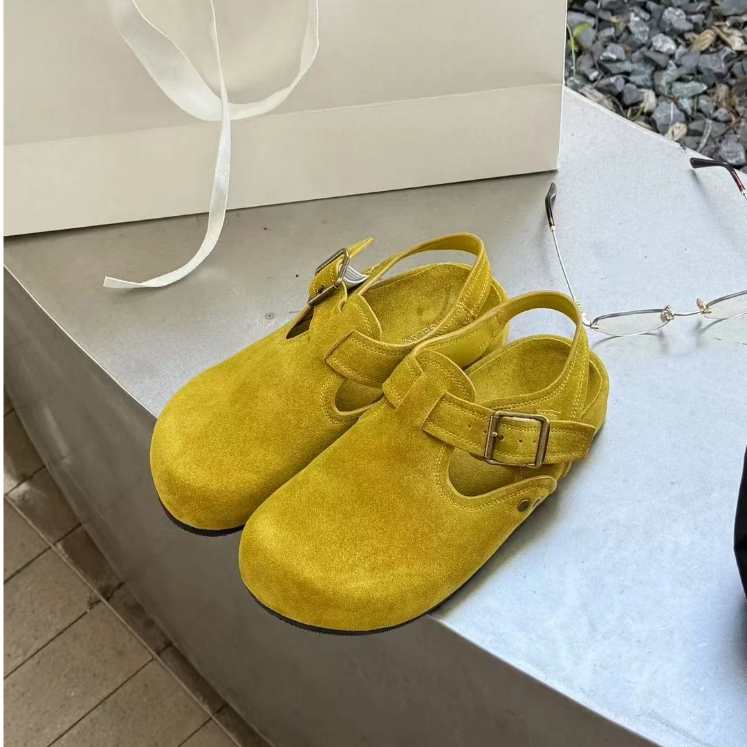 诗歌兰女鞋2025夏季新品平底时尚复古英伦风真皮勃肯鞋一字扣凉鞋