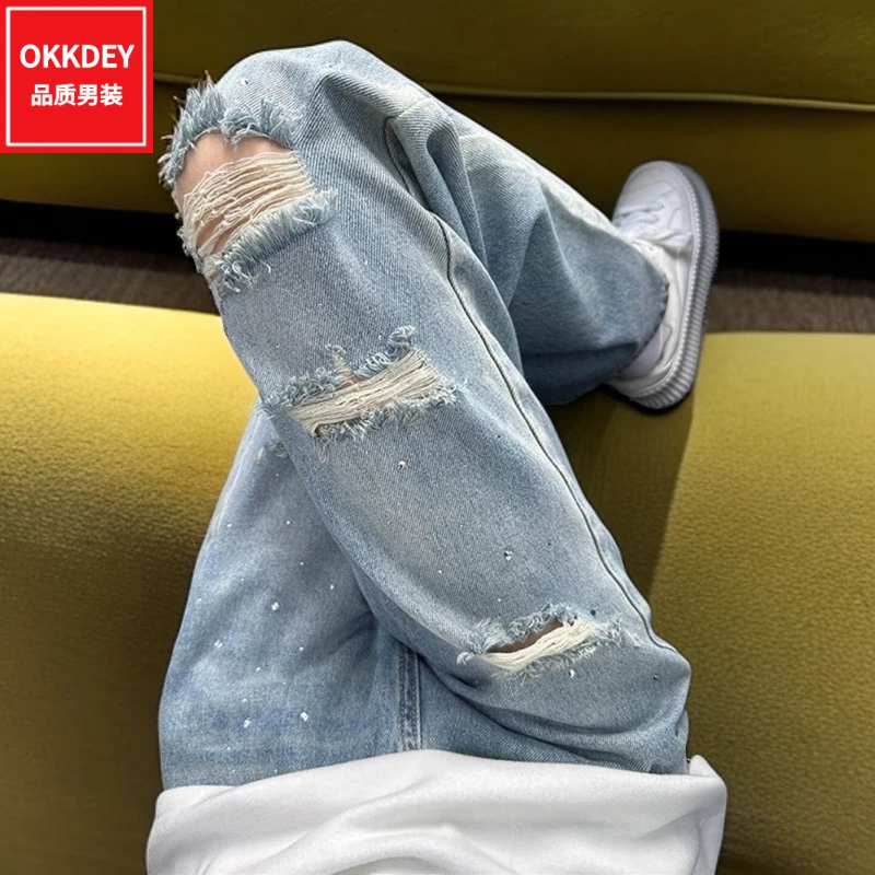潮牌轻奢破洞牛仔裤男士高级感烫钻休闲长裤夏季新款痞帅阔腿裤子