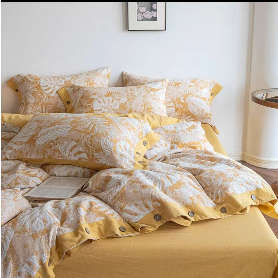 【超级红】树叶-黄 纯棉无骨纱纽扣款四件套