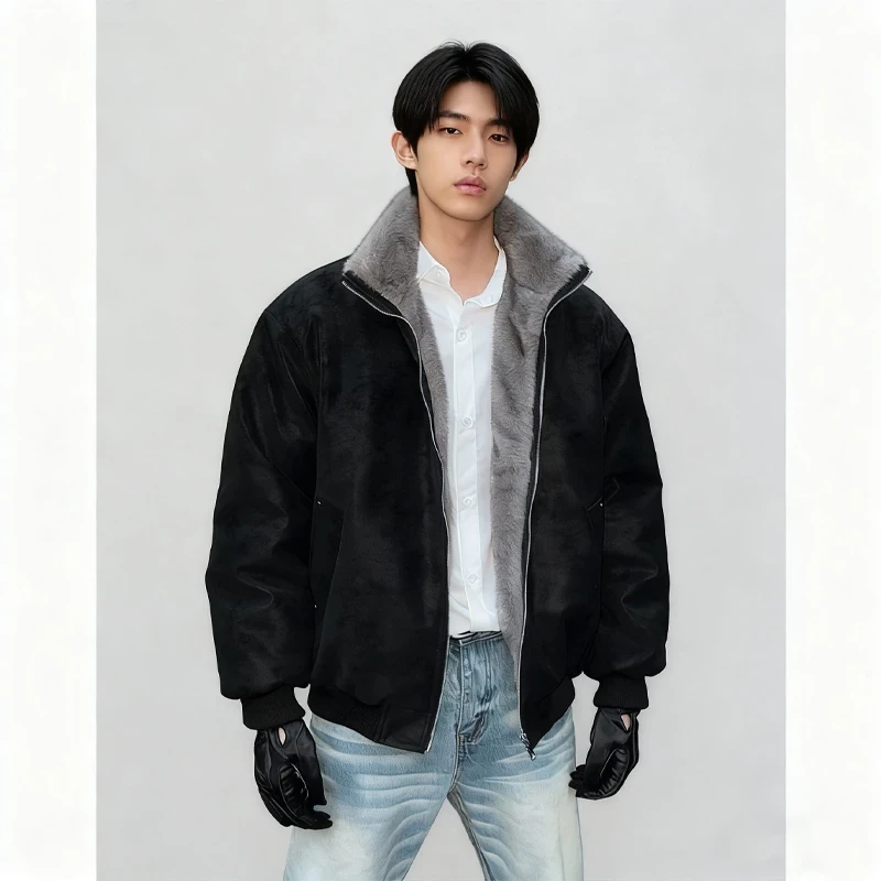 BVFEIED双色座山重磅美式复古保暖加厚夹克外套加绒PU皮棉衣男