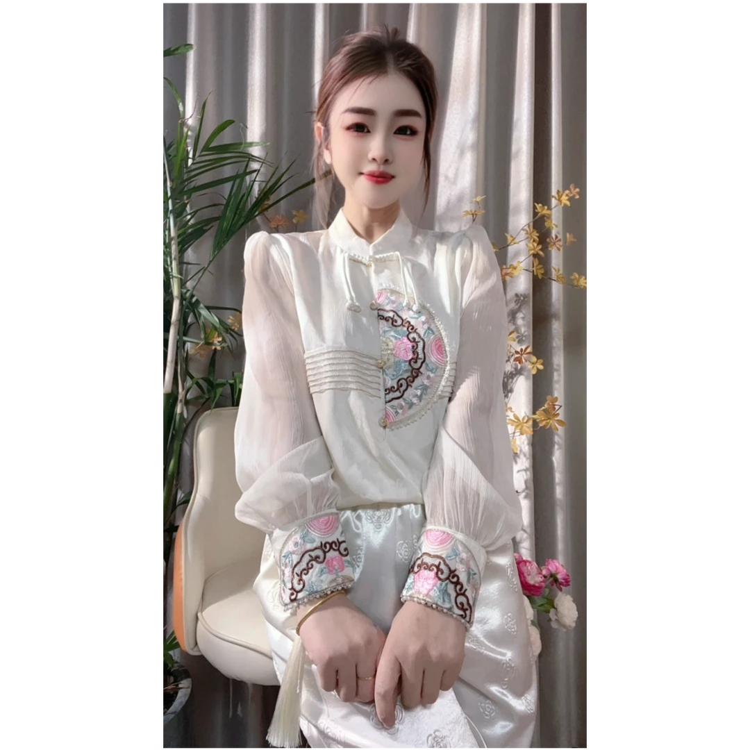 [华丽]25年春季新款中国风禅意改良唐装上衣设计感刺绣提花衬衫女