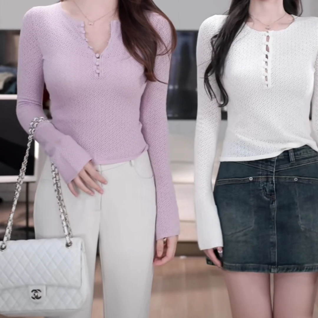 轻奢极简设计感毛针织上衣2025新款春季时尚圆领气质长袖T恤女