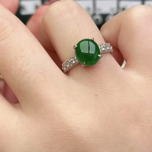 鑫辰珠宝天然A货翡翠银镶嵌设计款开口女戒指时尚百搭