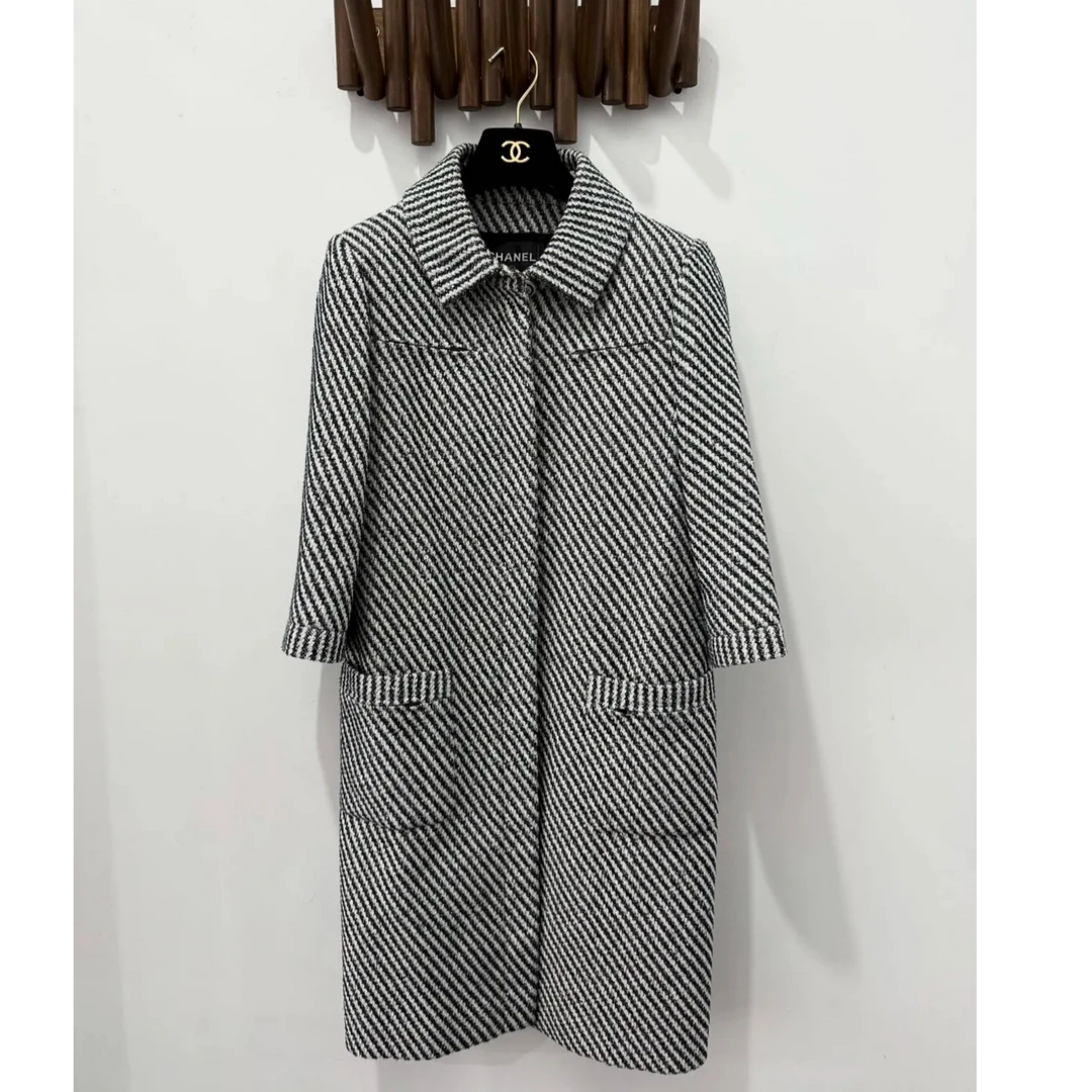 99新 Chanel/香奈儿 16P黑白斜纹编织大衣外套 36码