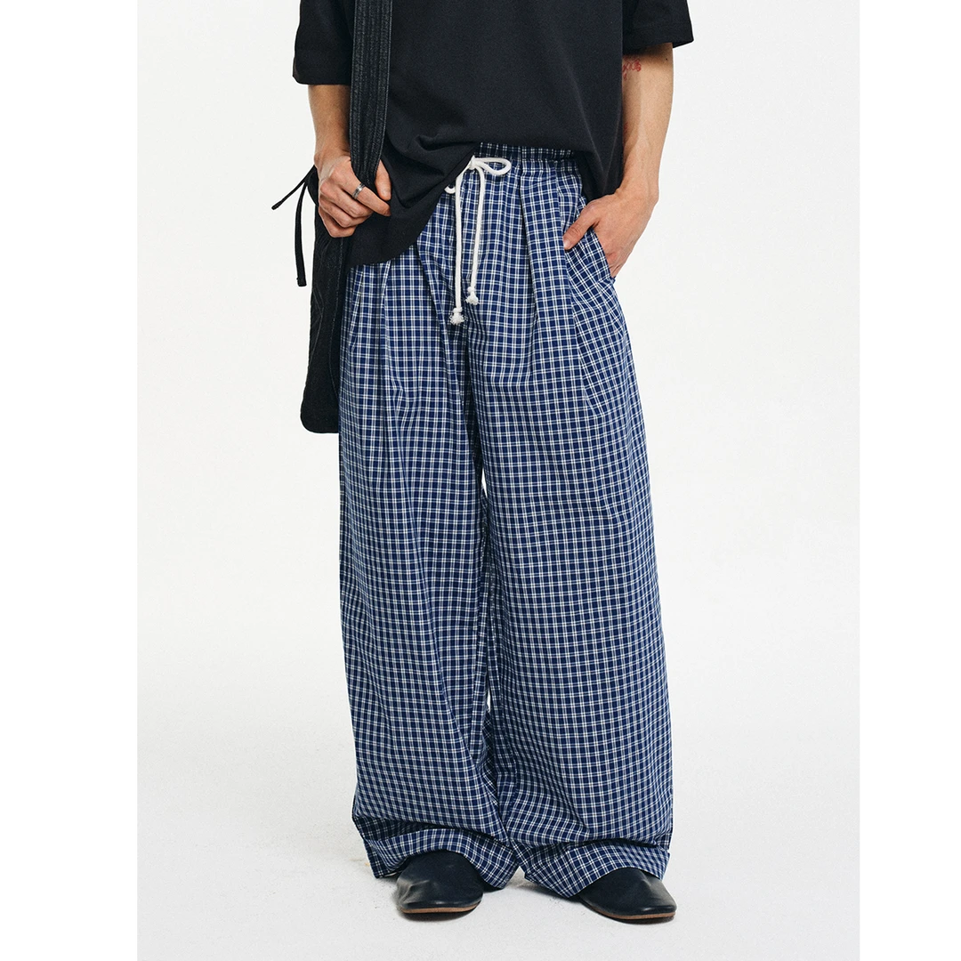 LIMPIDOCULUS格纹纯棉腰间打褶松紧抽绳宽松腰围直筒慵懒阔腿裤