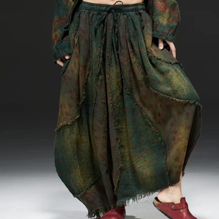 原创麻依者亚麻印花拼接毛边做旧半裙2025春M-057【新款】