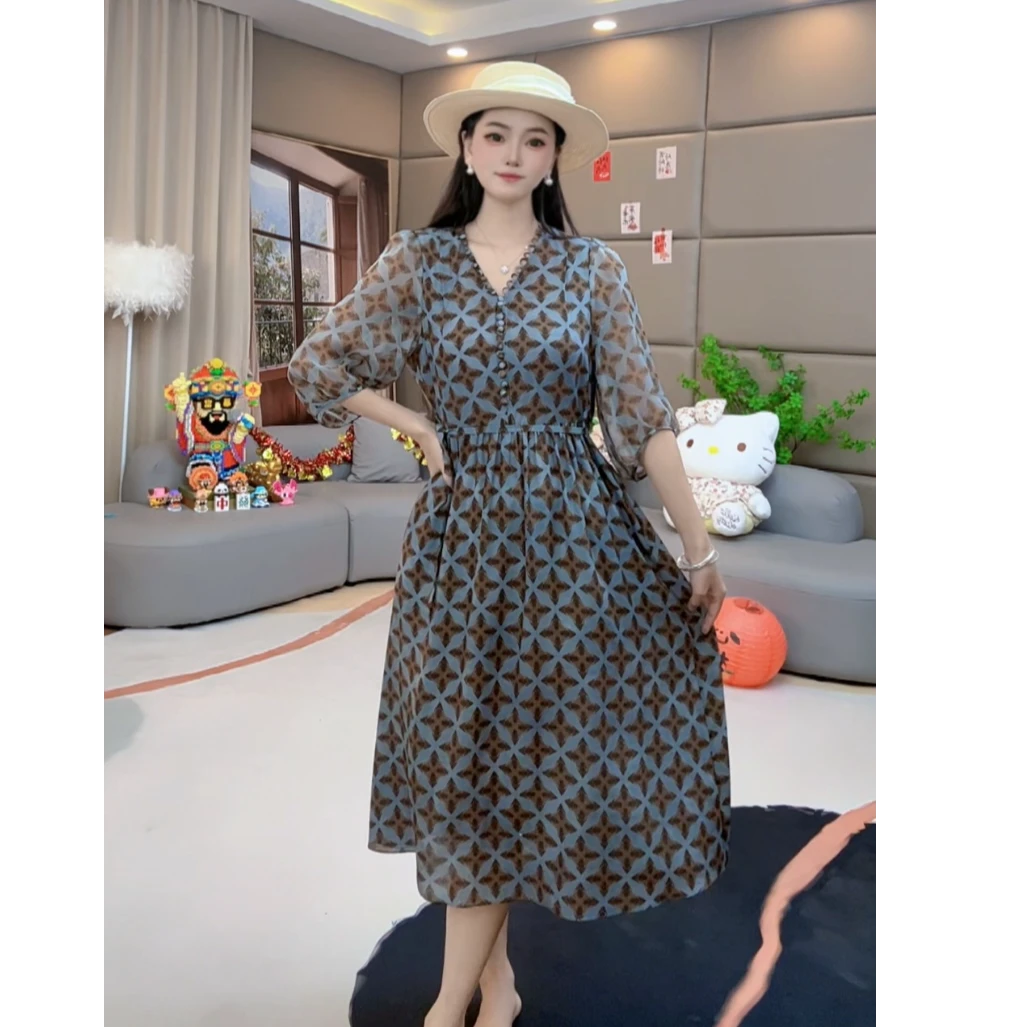 马洛克“蓝色幻星” V领显瘦时尚休闲气质真丝连衣裙 80102