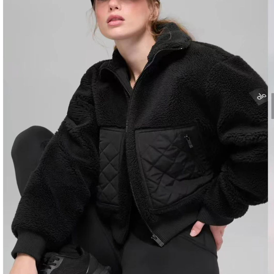 ALO短款 纯色立领拉链休闲无帽绒感外套 女款保暖外套